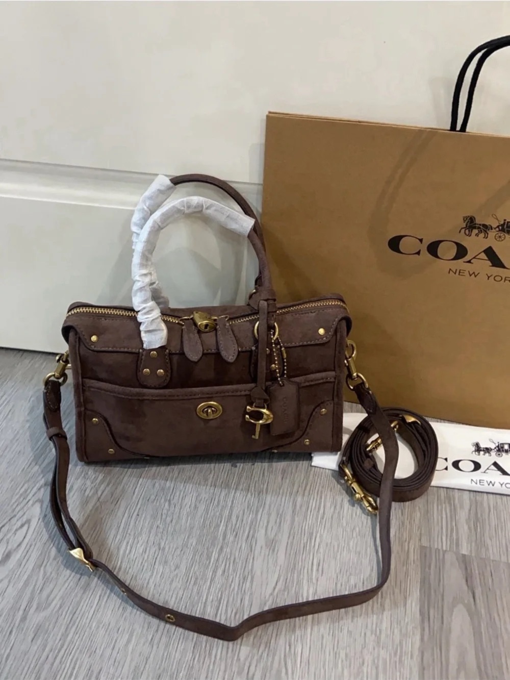 Coach Brown Suede Satchel with Gold Hardware